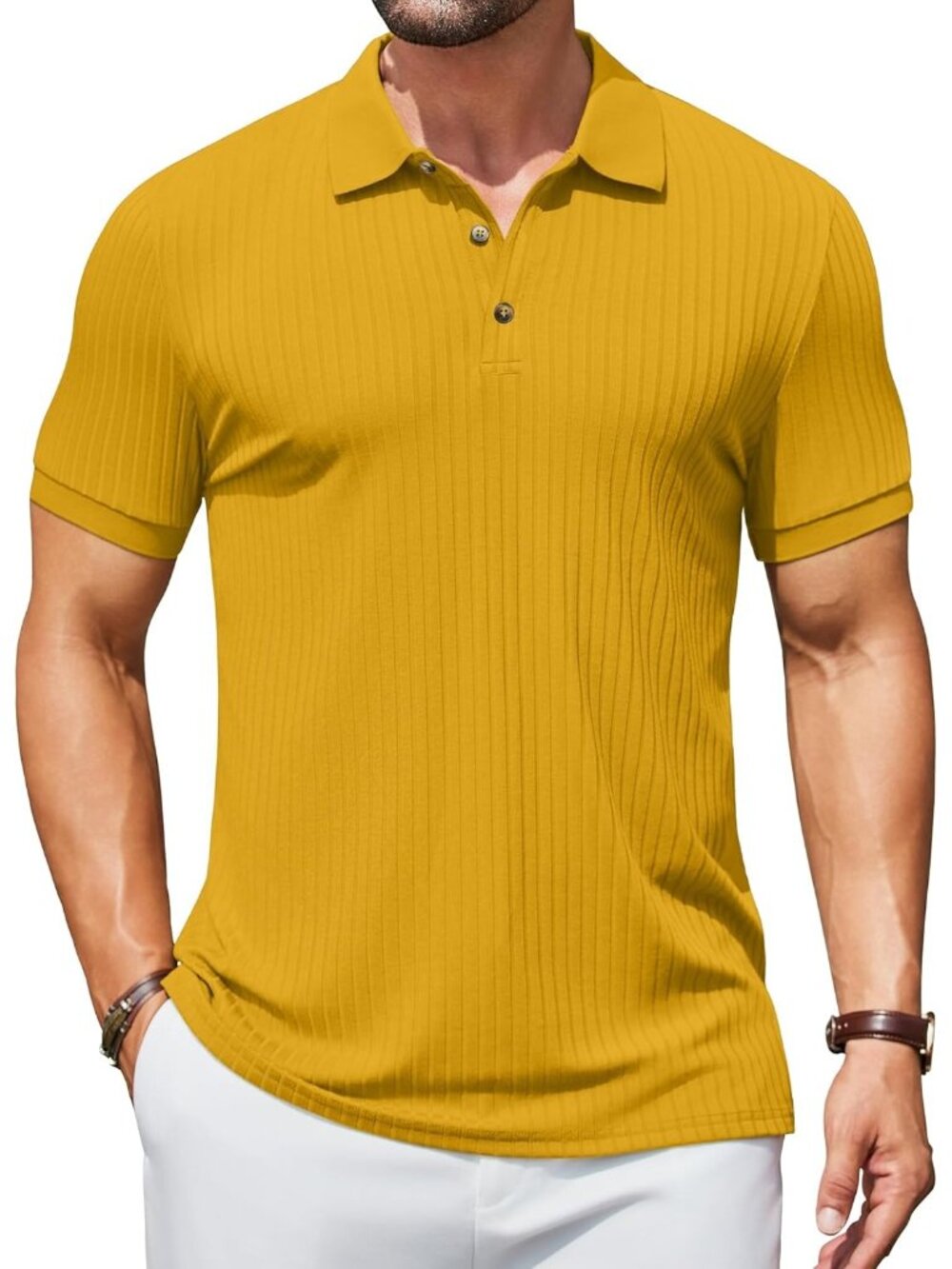 Men's Yellow Textured Polo Shirts Short Sleeve Slim Fit Button Polo Casual